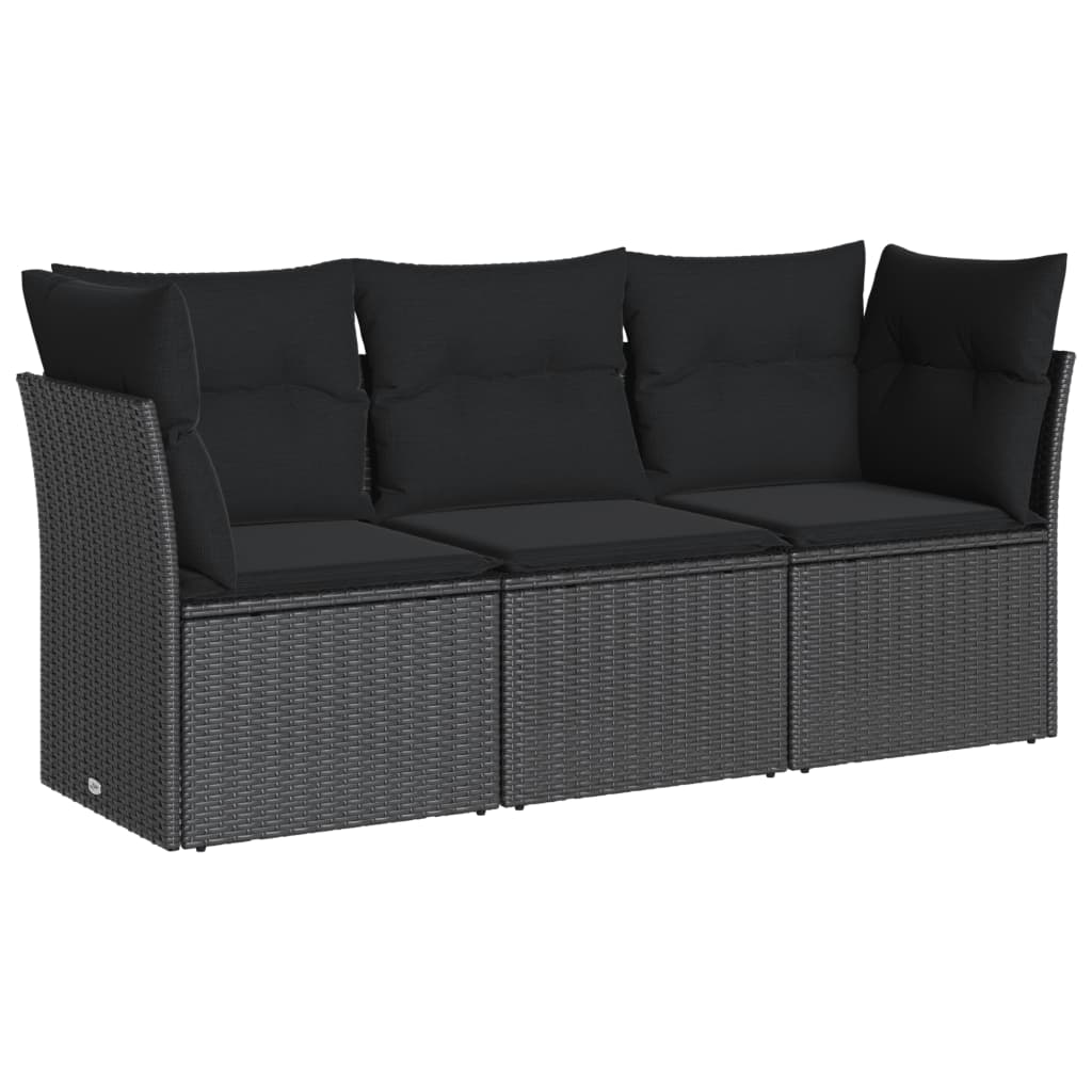 3-delige Loungeset met kussens poly rattan zwart