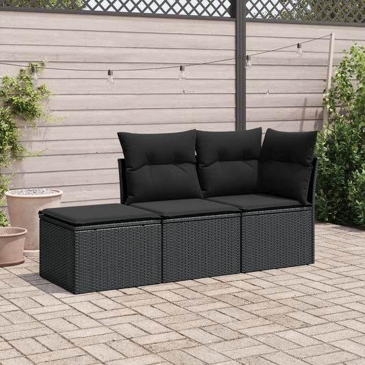 3-delige Loungeset met kussens poly rattan zwart