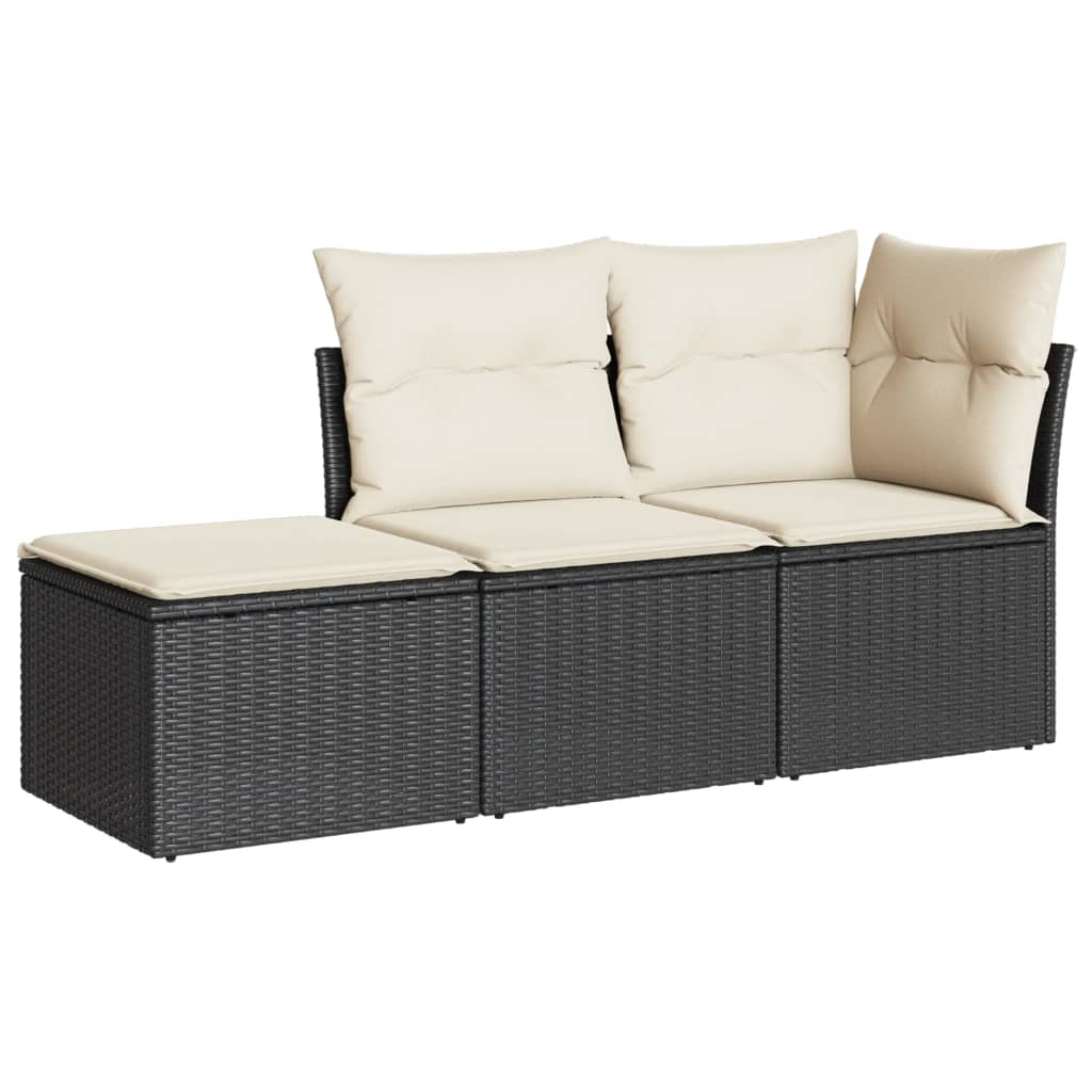 3-delige Loungeset met kussens poly rattan zwart