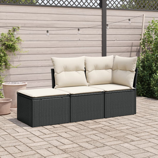 3-delige Loungeset met kussens poly rattan zwart