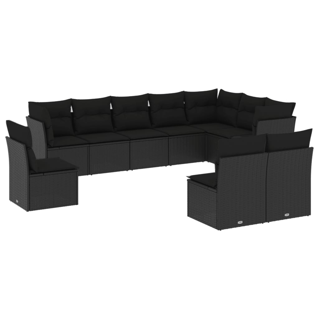 10-delige Loungeset met kussens poly rattan zwart