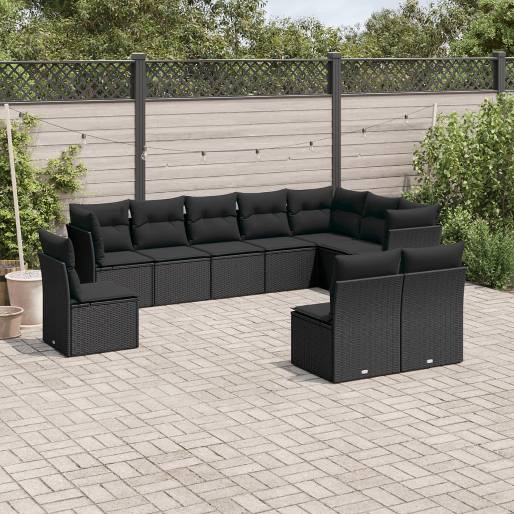 10-delige Loungeset met kussens poly rattan zwart