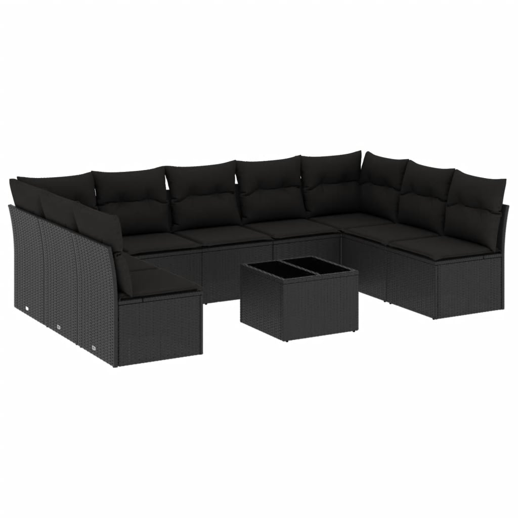 10-delige Loungeset met kussens poly rattan zwart