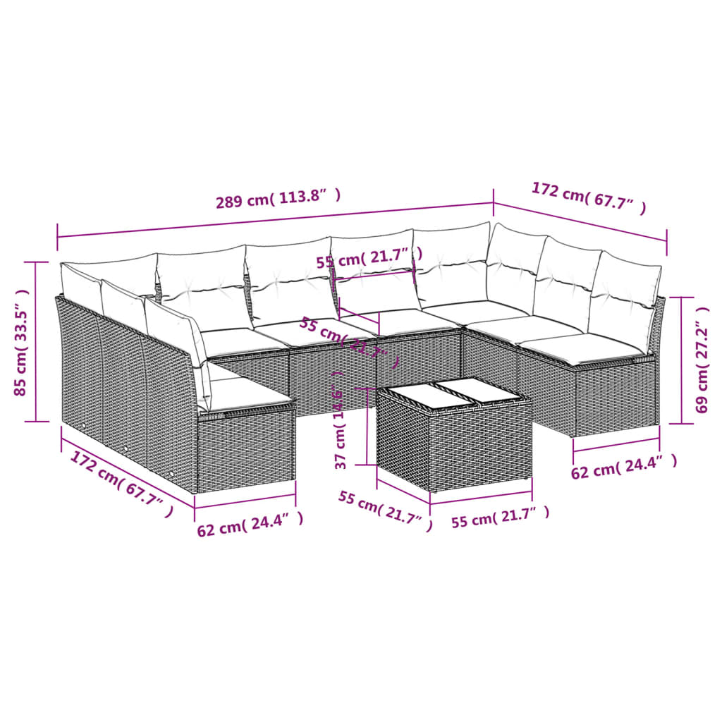 10-delige Loungeset met kussens poly rattan zwart