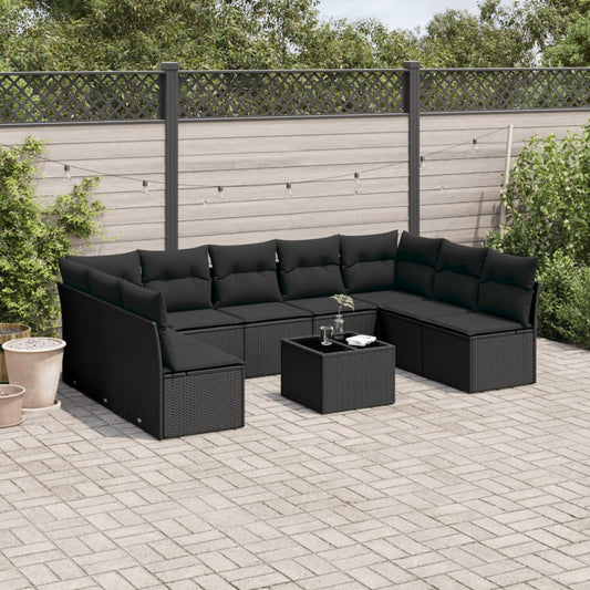 10-delige Loungeset met kussens poly rattan zwart