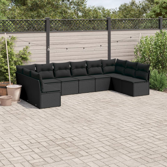 10-delige Loungeset met kussens poly rattan zwart