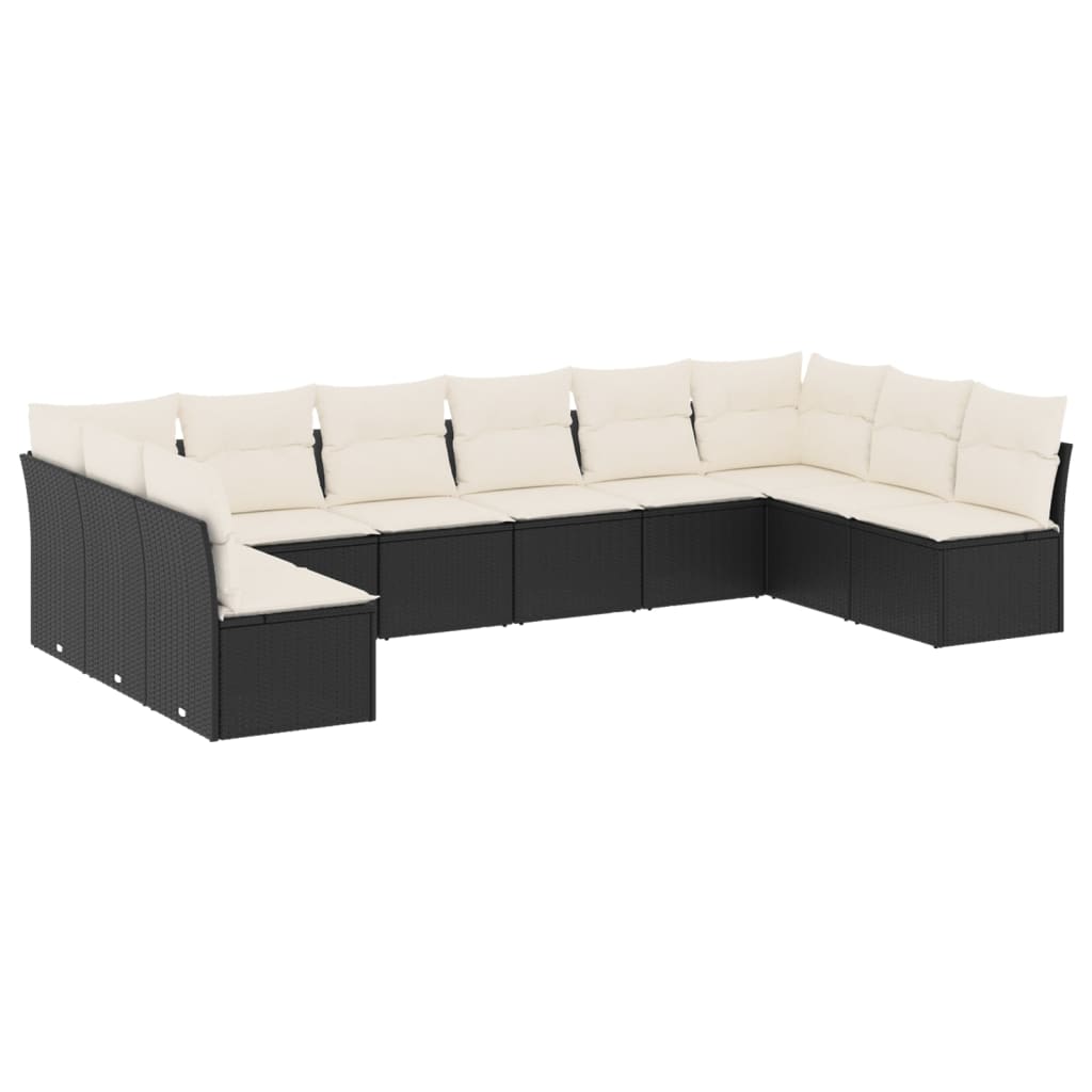 10-delige Loungeset met kussens poly rattan zwart