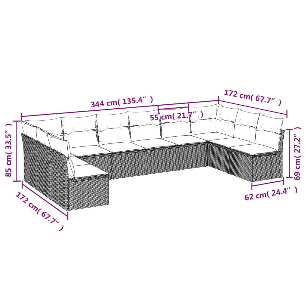 10-delige Loungeset met kussens poly rattan zwart