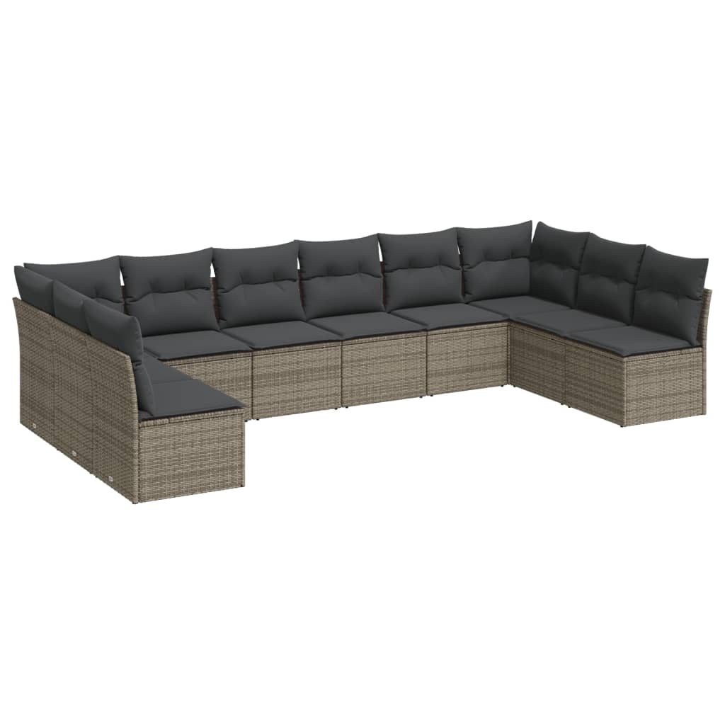 10-delige Loungeset met kussens poly rattan grijs