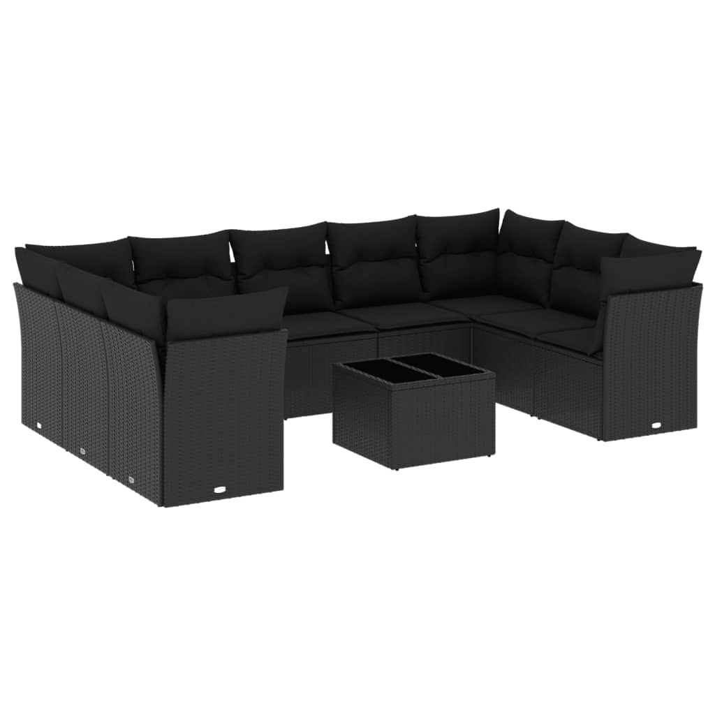 10-delige Loungeset met kussens poly rattan zwart