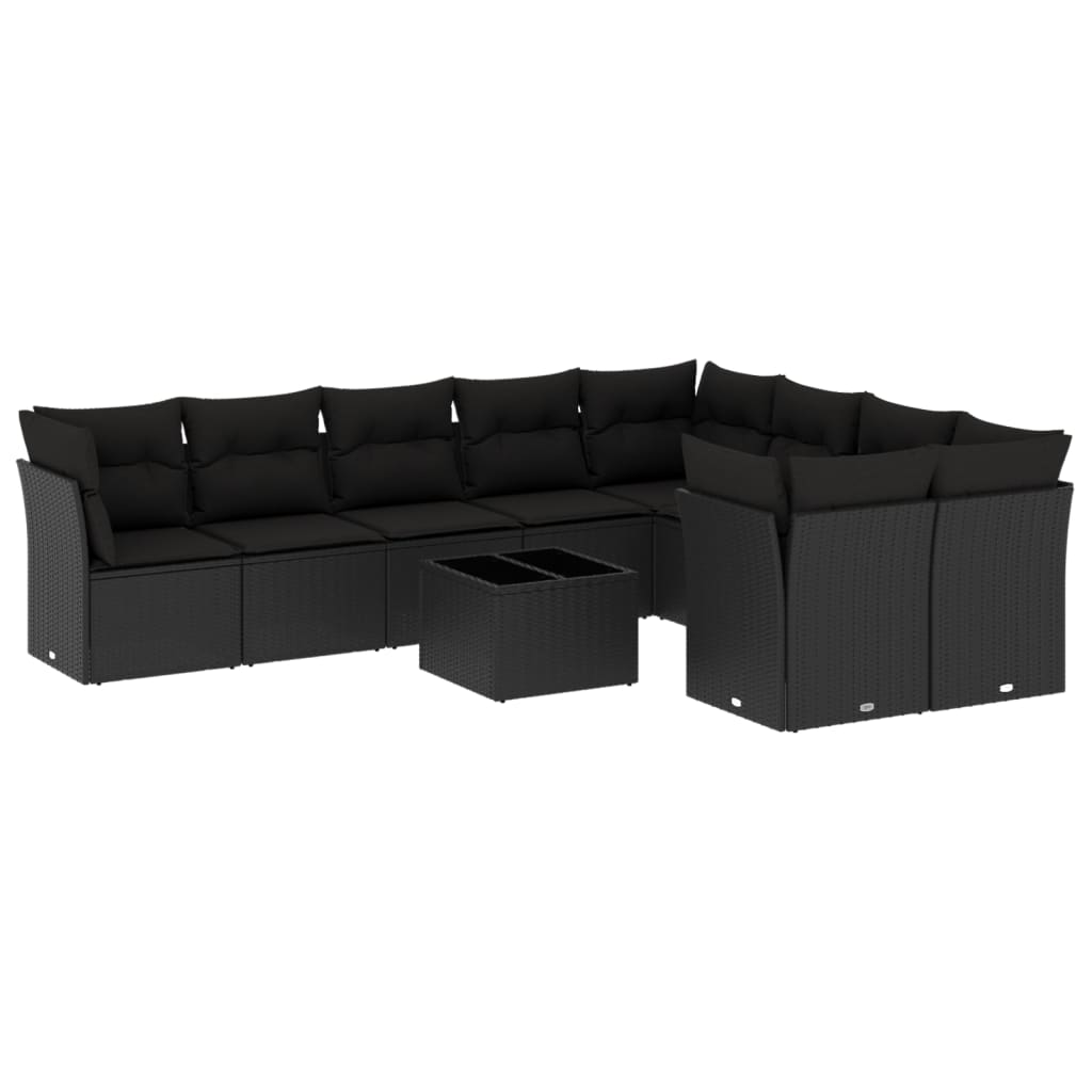 10-delige Loungeset met kussens poly rattan zwart