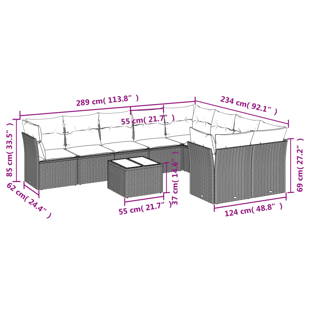 10-delige Loungeset met kussens poly rattan zwart