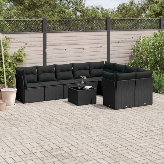 10-delige Loungeset met kussens poly rattan zwart