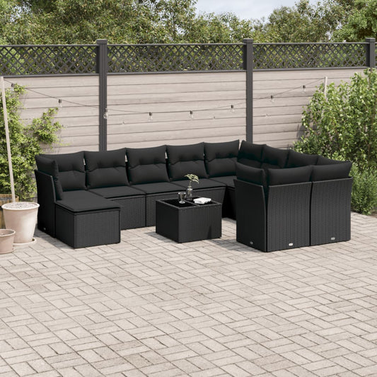 10-delige Loungeset met kussens poly rattan zwart