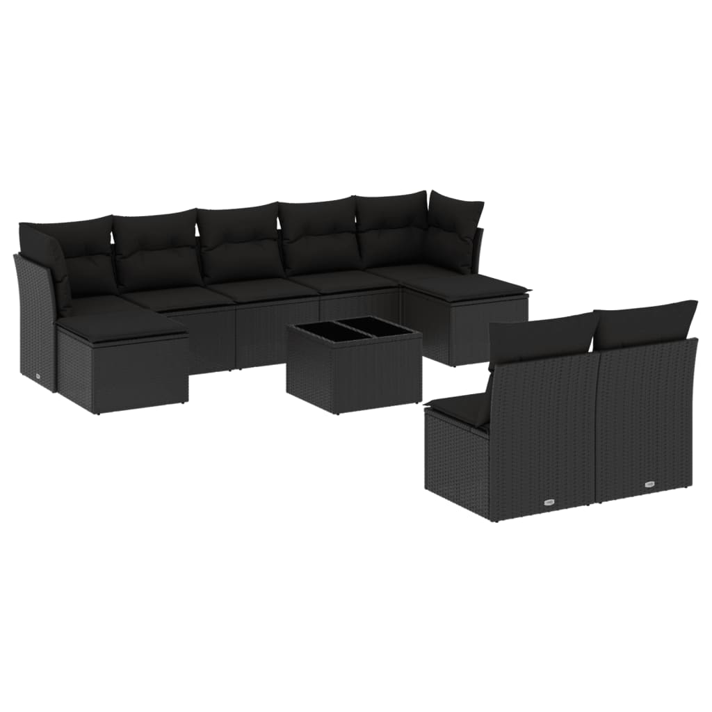 10-delige Loungeset met kussens poly rattan zwart