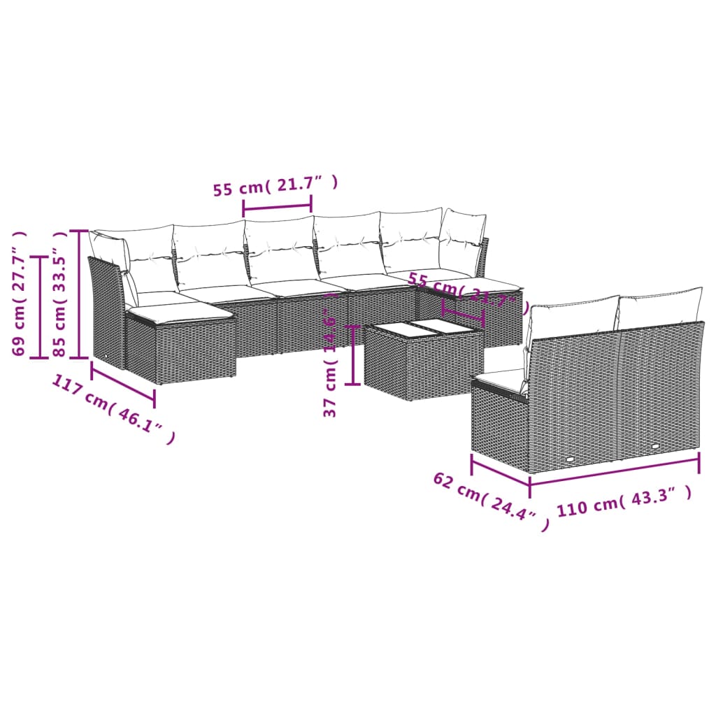 10-delige Loungeset met kussens poly rattan zwart