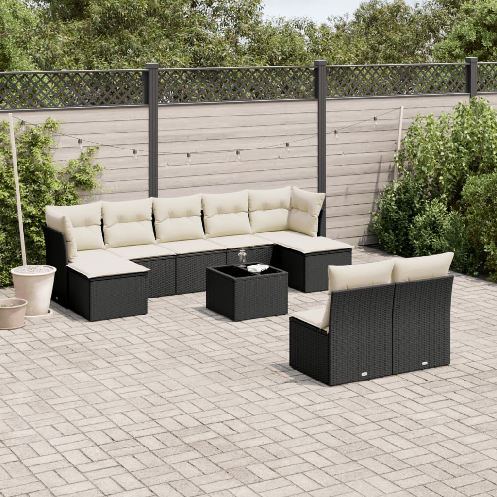 10-delige Loungeset met kussens poly rattan zwart