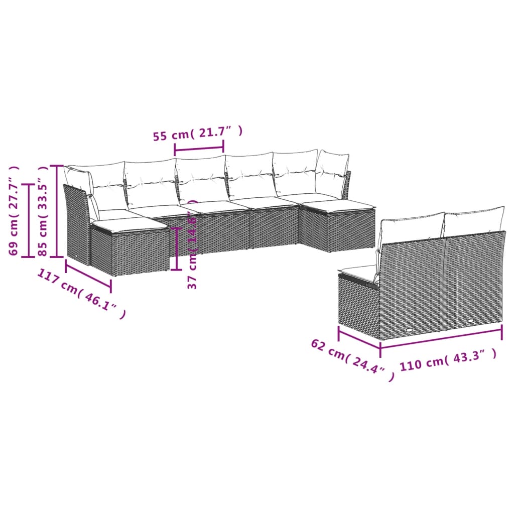 10-delige Loungeset met kussens poly rattan grijs