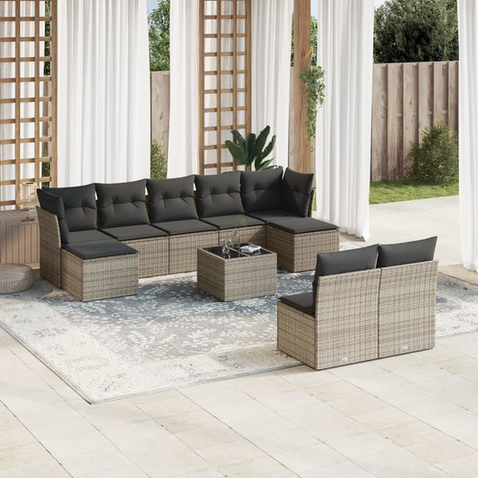 10-delige Loungeset met kussens poly rattan grijs