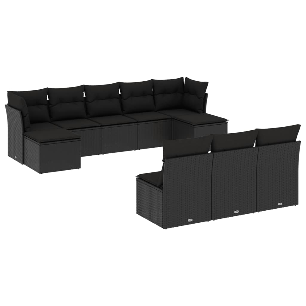 10-delige Loungeset met kussens poly rattan zwart