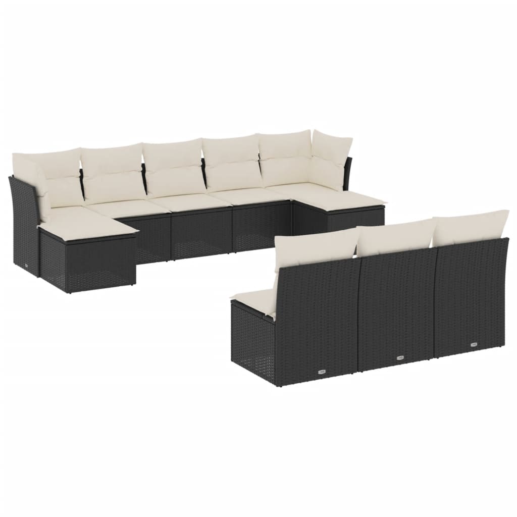 10-delige Loungeset met kussens poly rattan zwart