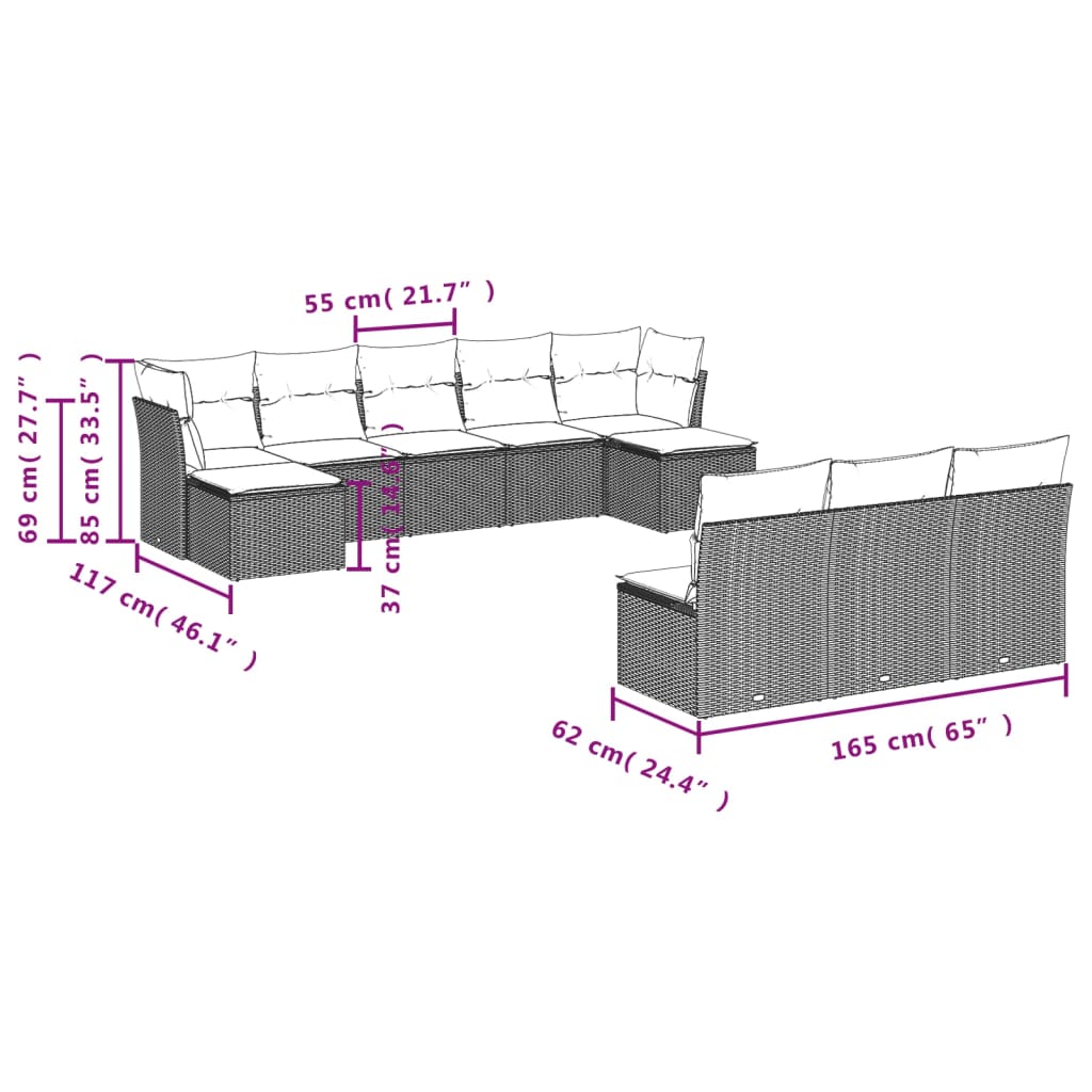 10-delige Loungeset met kussens poly rattan zwart