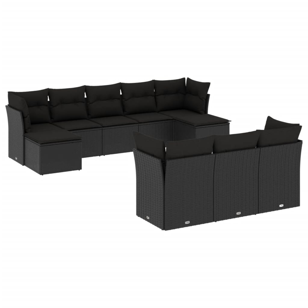 10-delige Loungeset met kussens poly rattan zwart