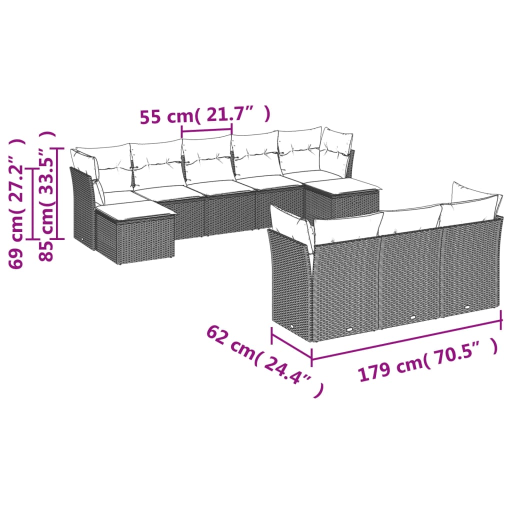 10-delige Loungeset met kussens poly rattan zwart