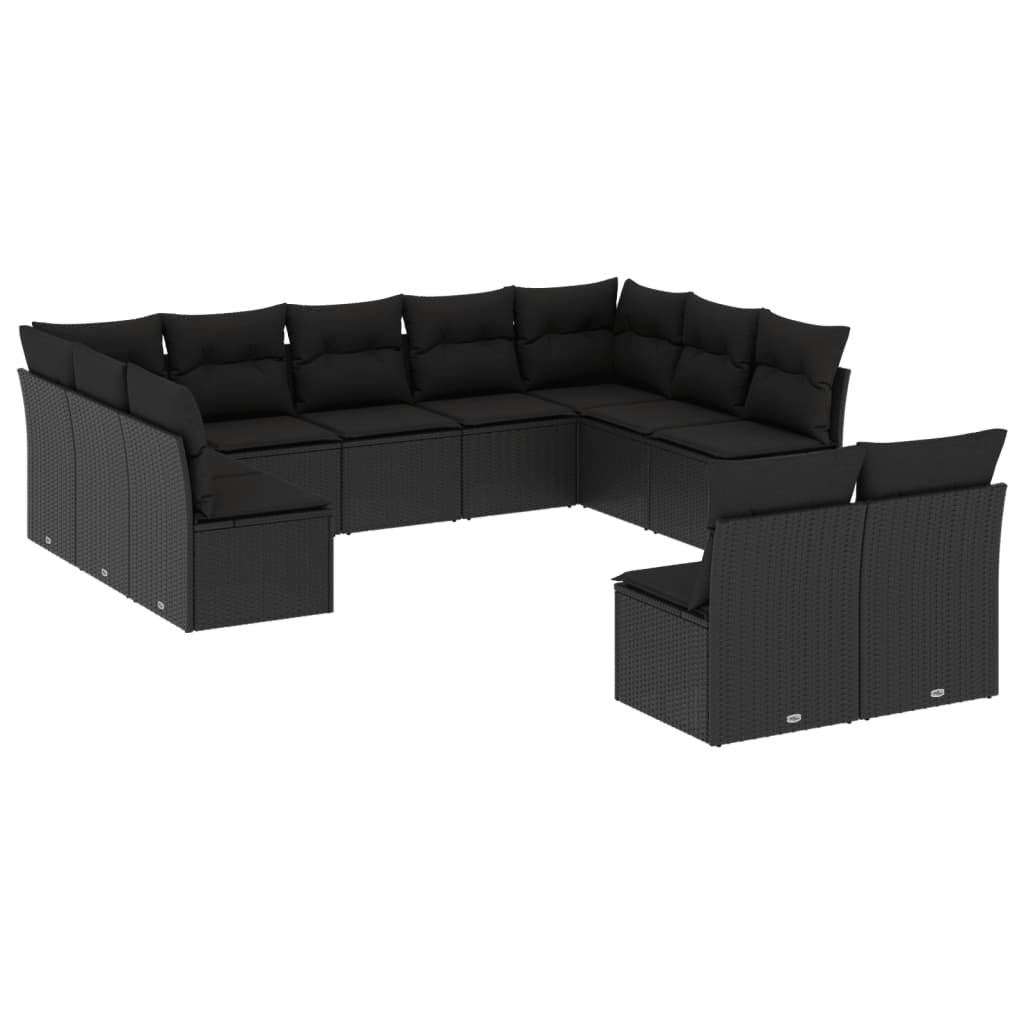 11-delige Loungeset met kussens poly rattan zwart