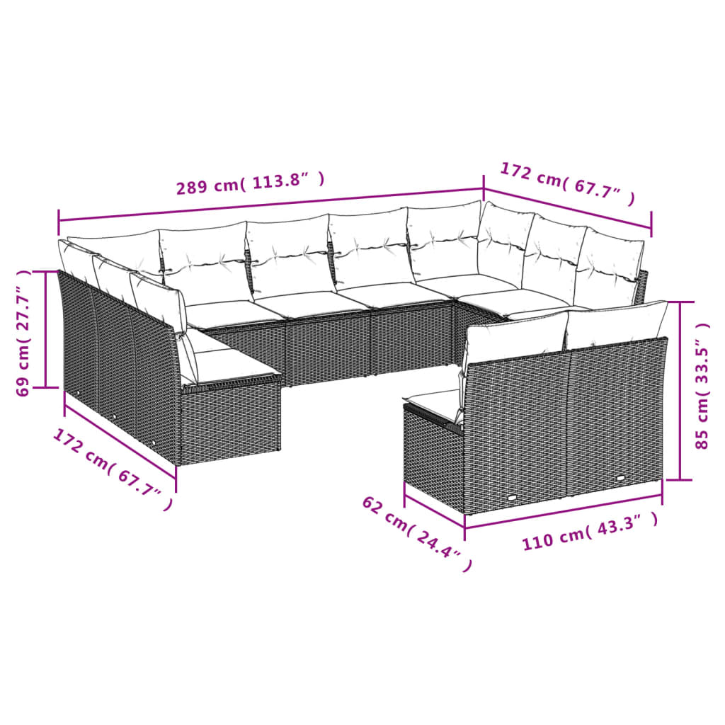 11-delige Loungeset met kussens poly rattan zwart