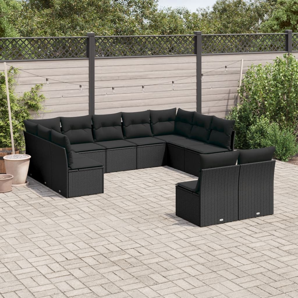 11-delige Loungeset met kussens poly rattan zwart