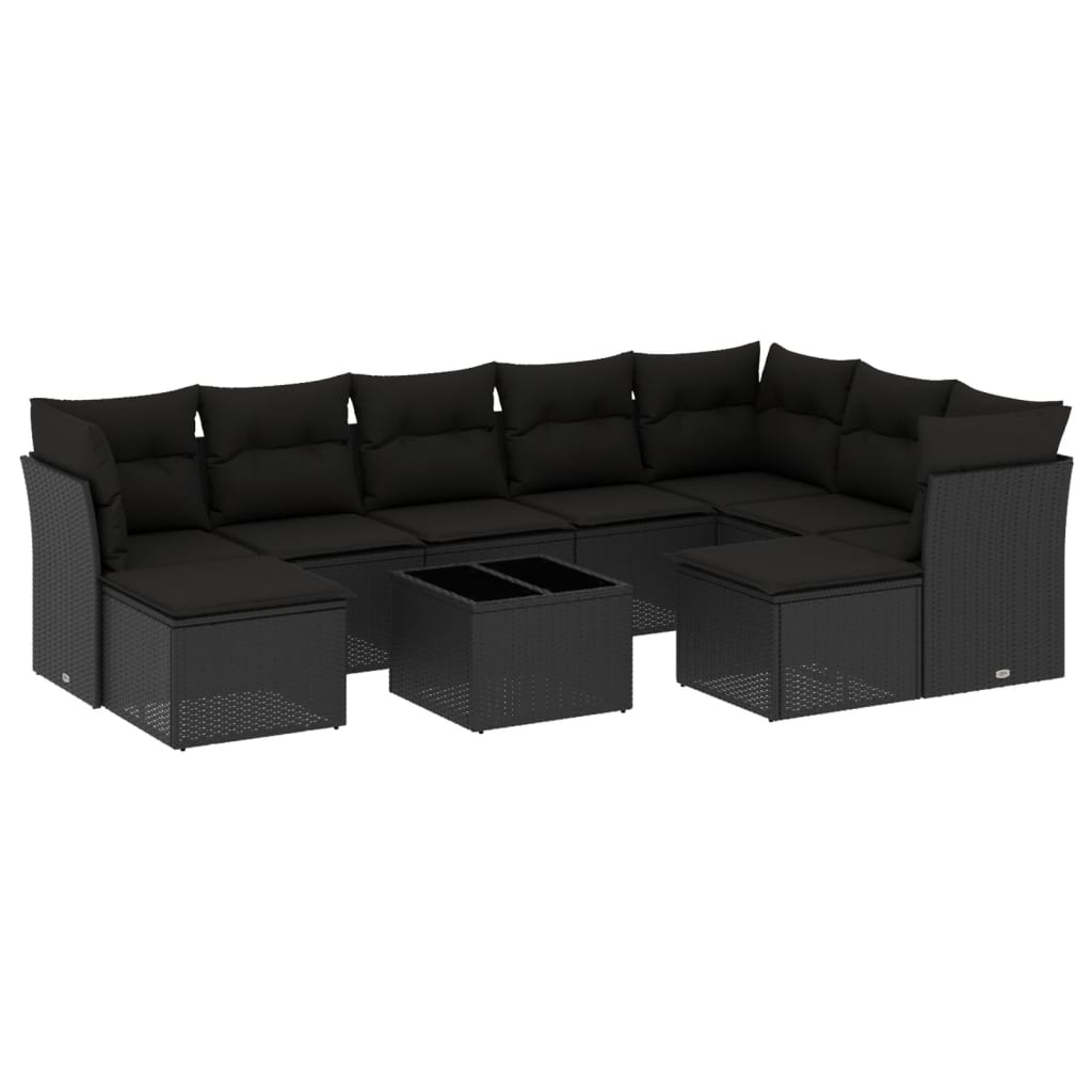 10-delige Loungeset met kussens poly rattan zwart