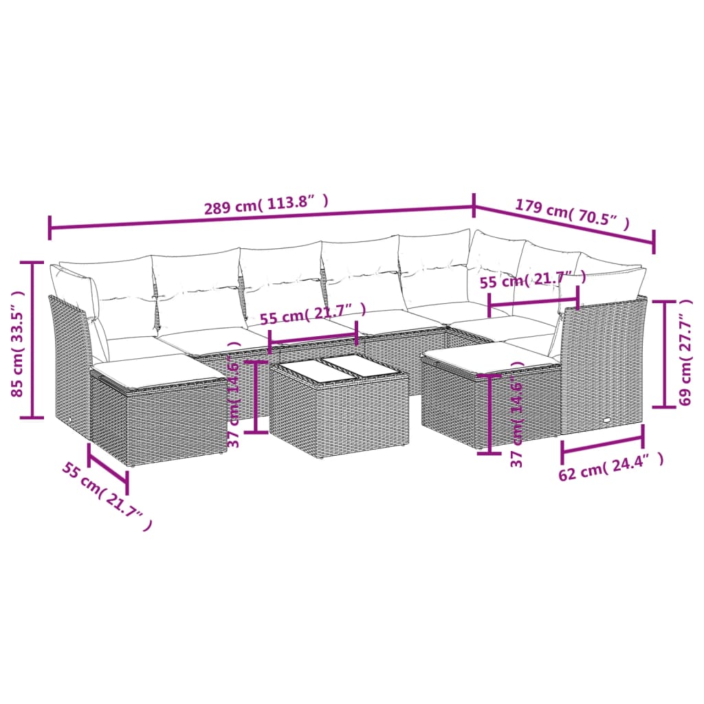 10-delige Loungeset met kussens poly rattan zwart