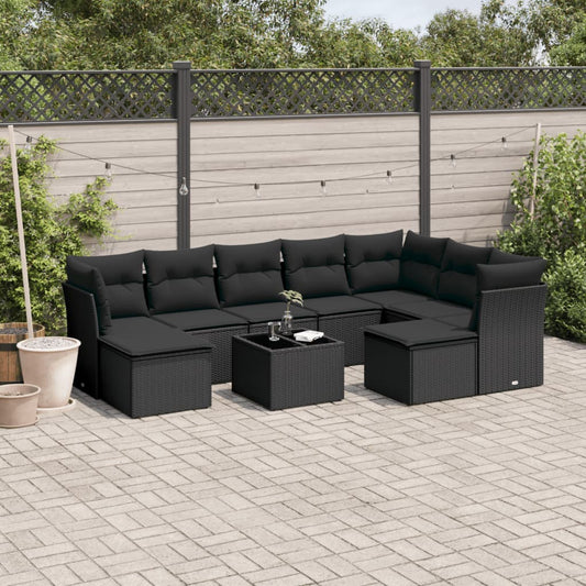 10-delige Loungeset met kussens poly rattan zwart