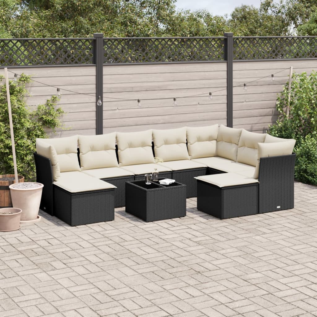 10-delige Loungeset met kussens poly rattan zwart