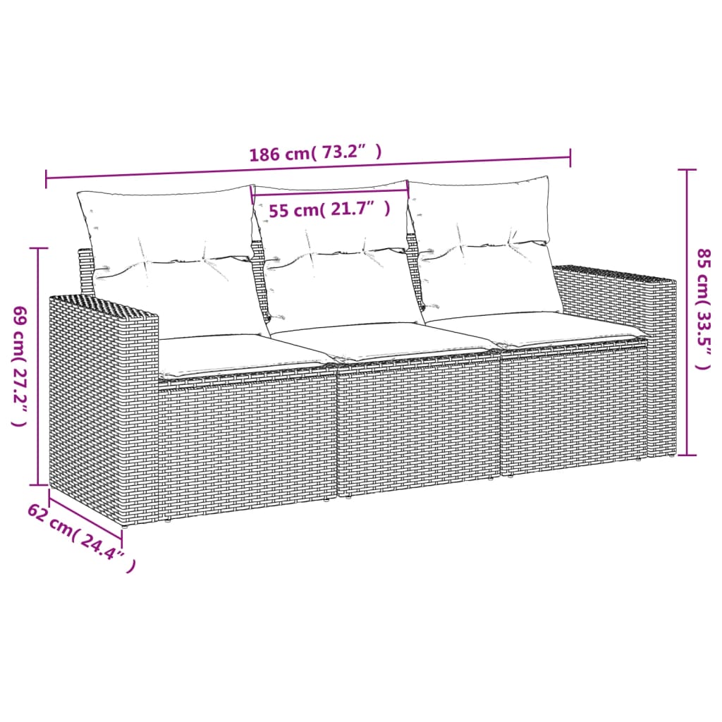 3-delige Loungeset met kussens poly rattan zwart