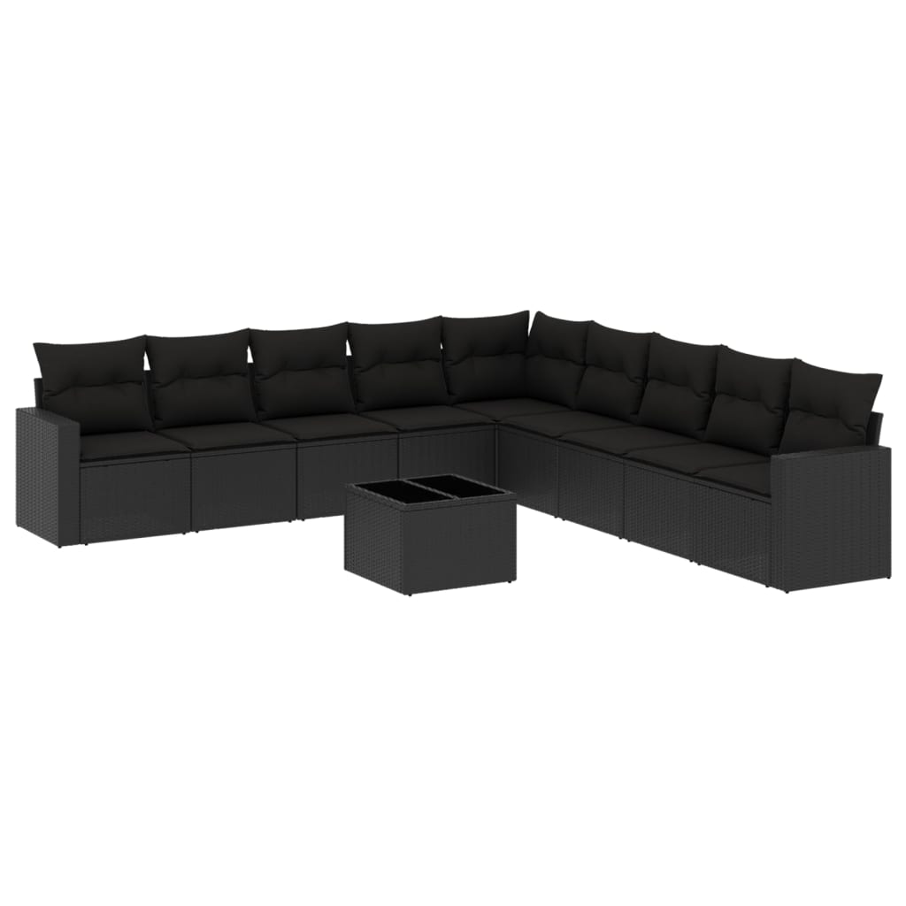 10-delige Loungeset met kussens poly rattan zwart