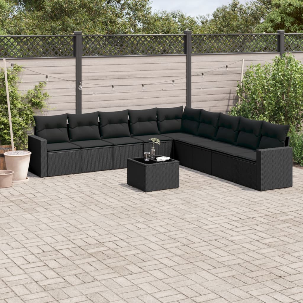 10-delige Loungeset met kussens poly rattan zwart