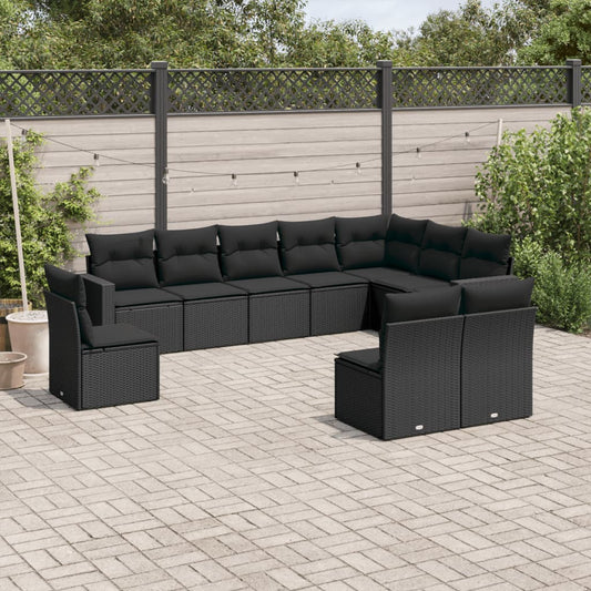 10-delige Loungeset met kussens poly rattan zwart