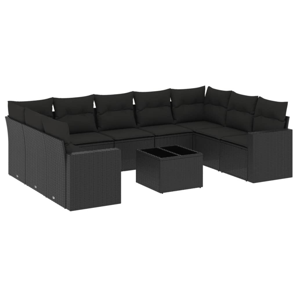 10-delige Loungeset met kussens poly rattan zwart