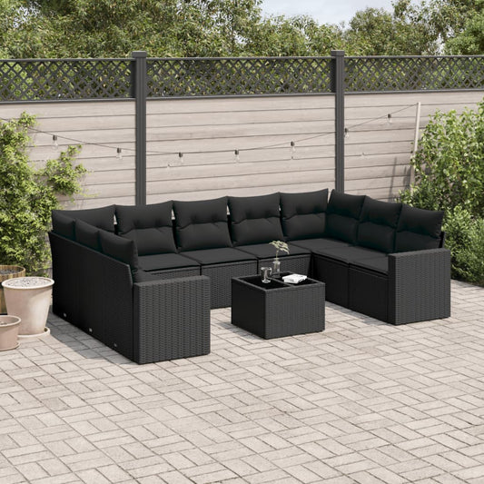 10-delige Loungeset met kussens poly rattan zwart