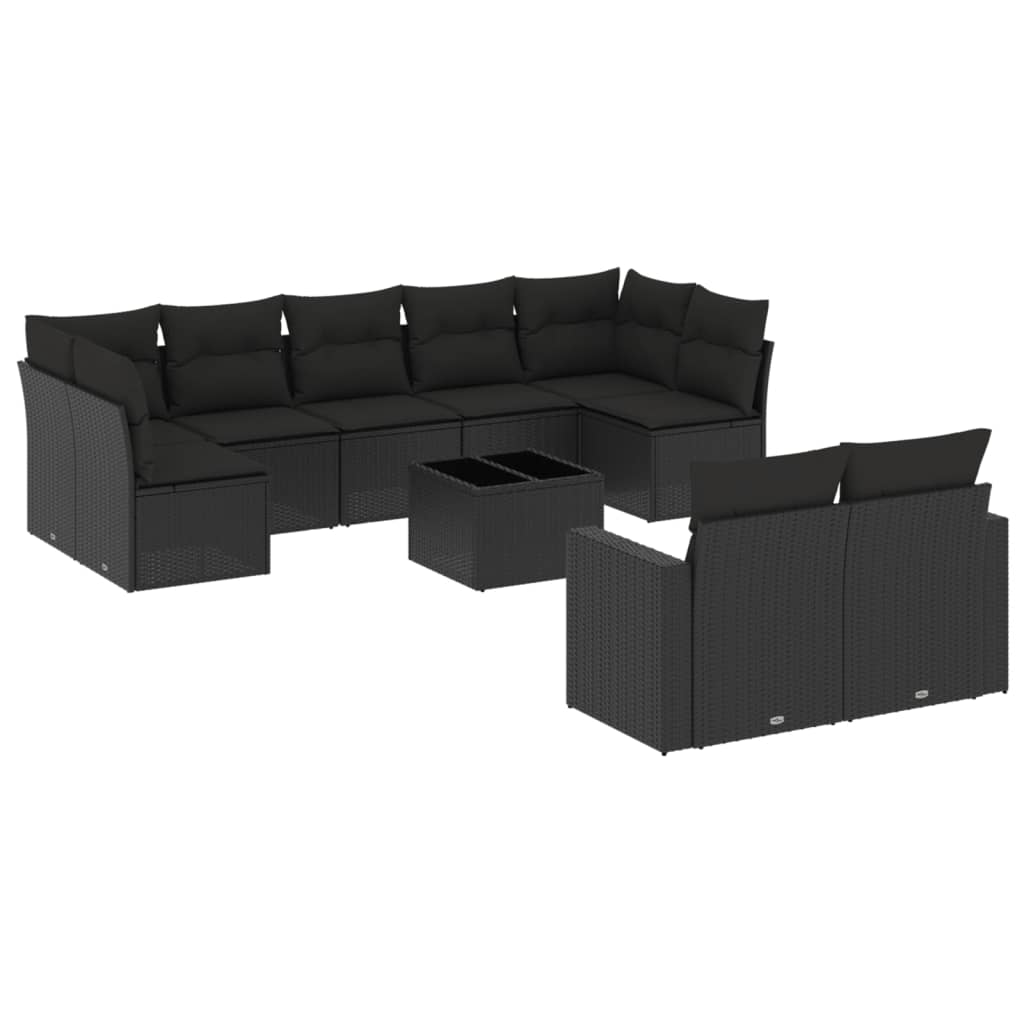 10-delige Loungeset met kussens poly rattan zwart