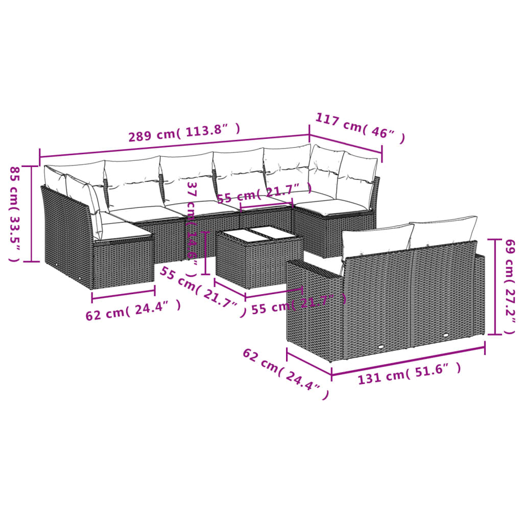 10-delige Loungeset met kussens poly rattan zwart