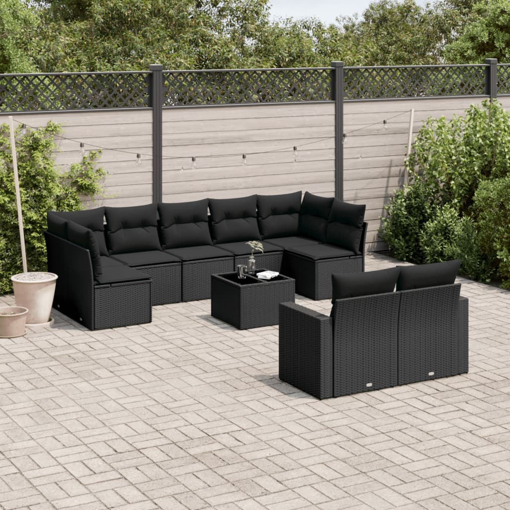 10-delige Loungeset met kussens poly rattan zwart