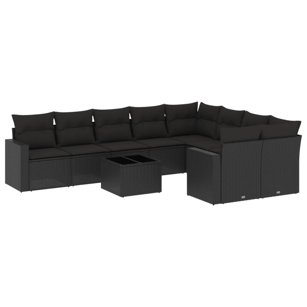 10-delige Loungeset met kussens poly rattan zwart