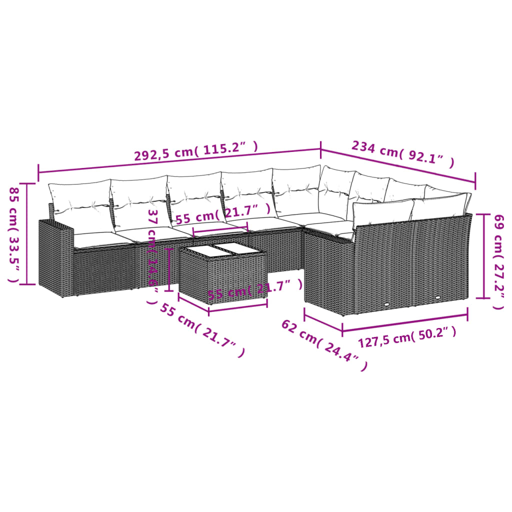 10-delige Loungeset met kussens poly rattan zwart