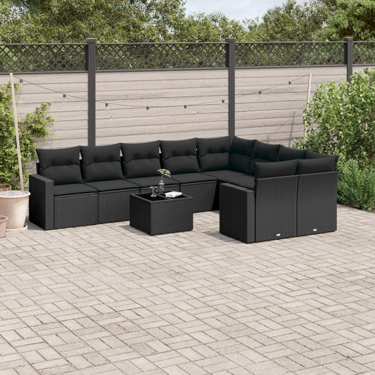 10-delige Loungeset met kussens poly rattan zwart