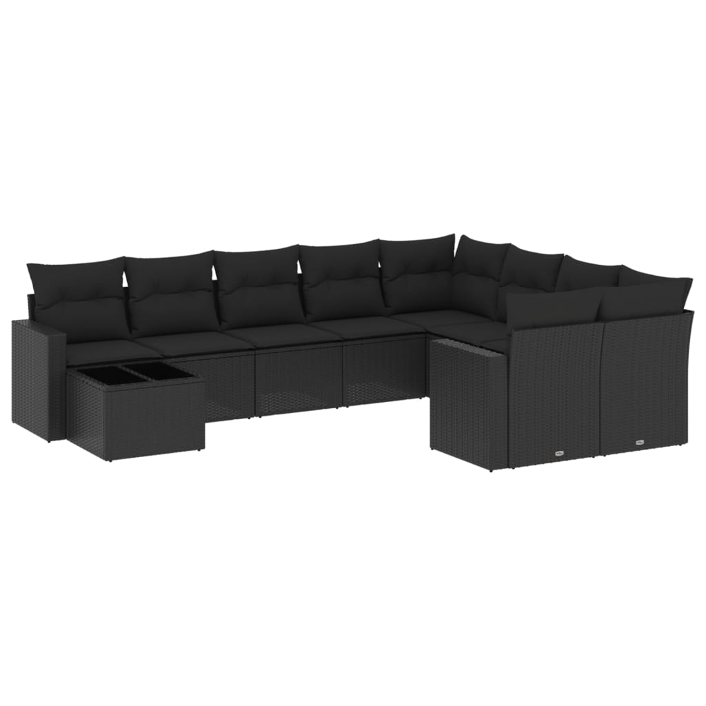 10-delige Loungeset met kussens poly rattan zwart