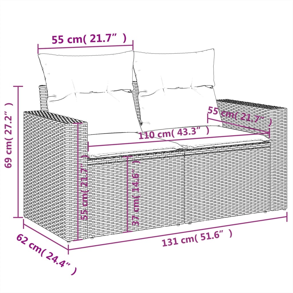 10-delige Loungeset met kussens poly rattan zwart