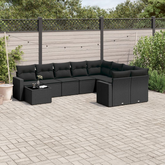 10-delige Loungeset met kussens poly rattan zwart